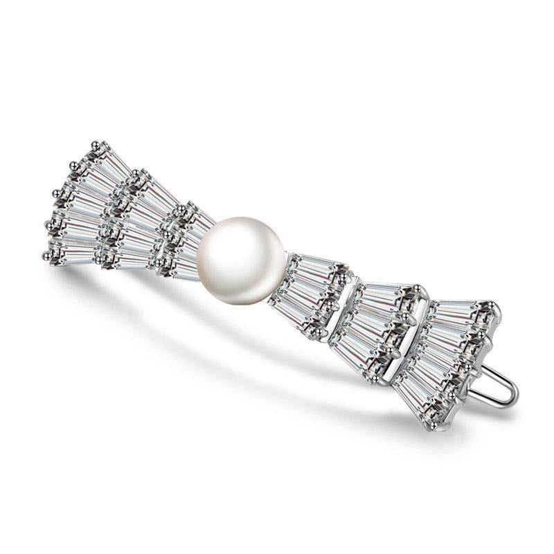 Attractive Rhodium Plated Hair Clip Encrusted with White Pearl And Shiny Zircon Stones For Women And Brides 