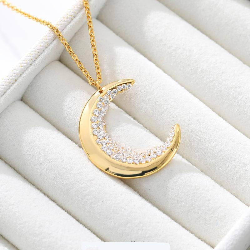 Cute Crescent Moon Shaped Necklace And Encrusted With Shiny Zircon Stones 