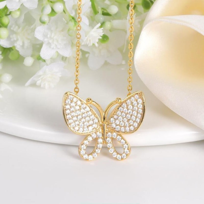 Cute Gold Plated Butterfly Shaped Necklace And Encrusted With Shiny Zircon Stones