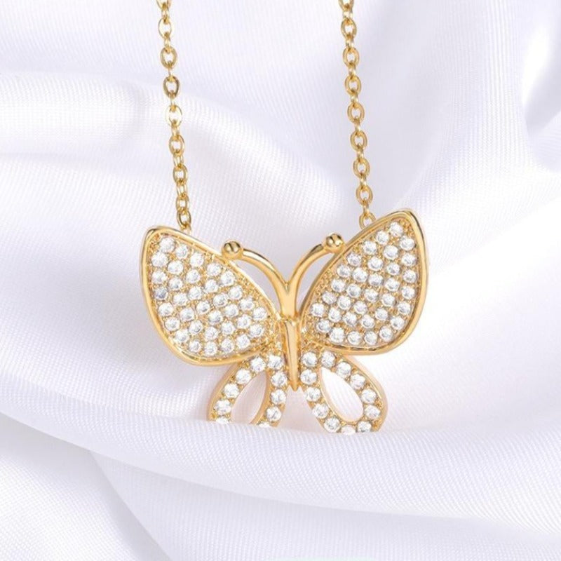 Cute Gold Plated Butterfly Shaped Necklace And Encrusted With Shiny Zircon Stones
