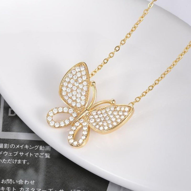 Cute Gold Plated Butterfly Shaped Necklace And Encrusted With Shiny Zircon Stones