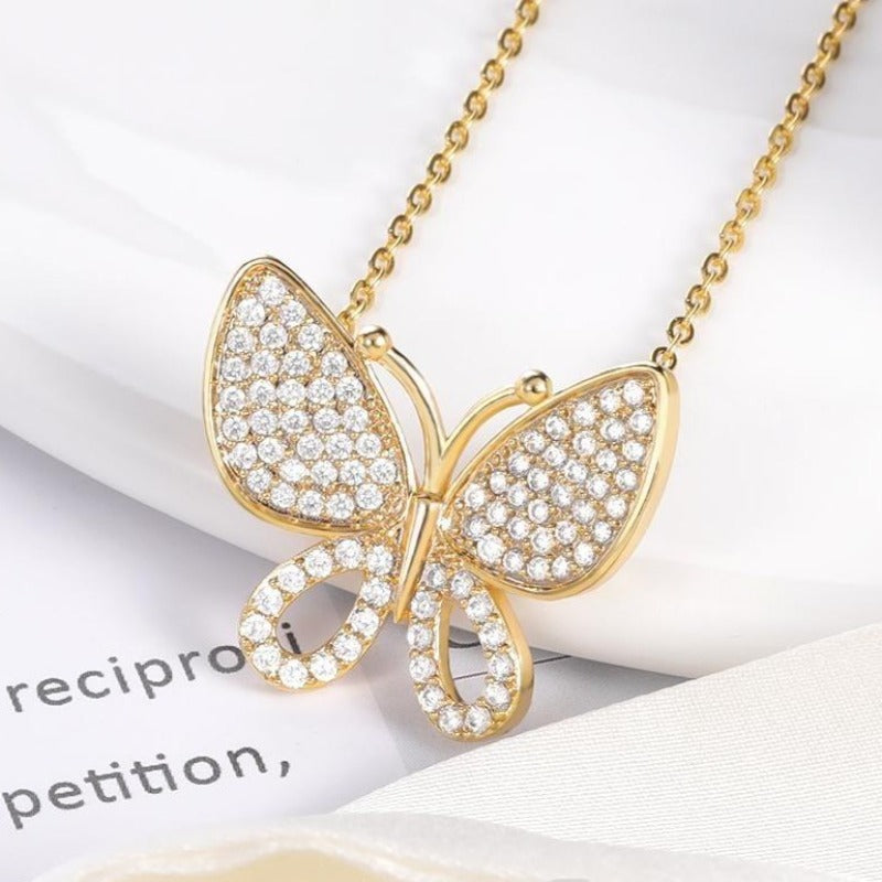 Cute Gold Plated Butterfly Shaped Necklace And Encrusted With Shiny Zircon Stones