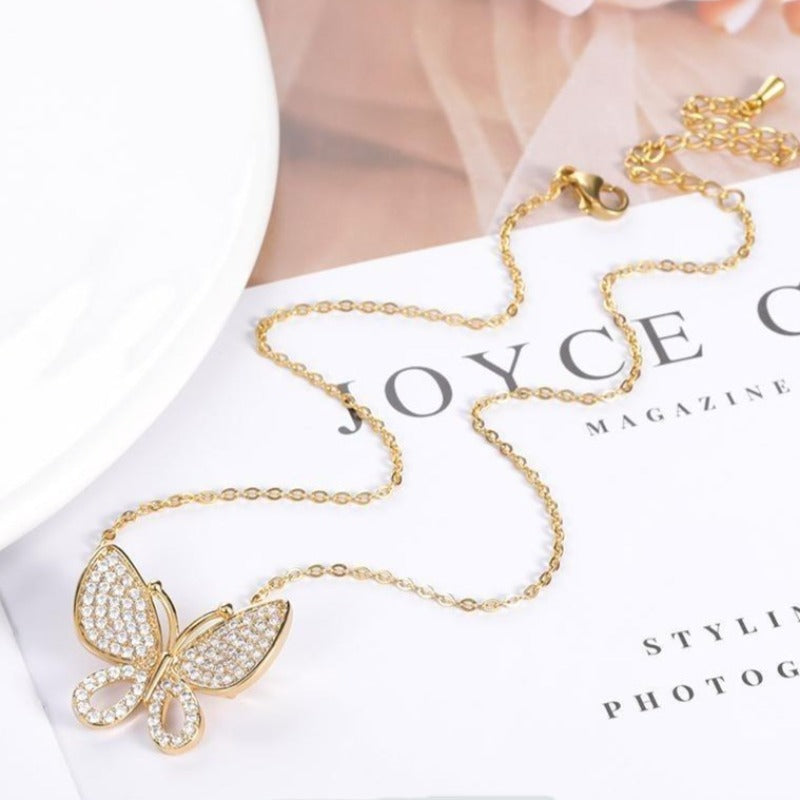 Cute Gold Plated Butterfly Shaped Necklace And Encrusted With Shiny Zircon Stones