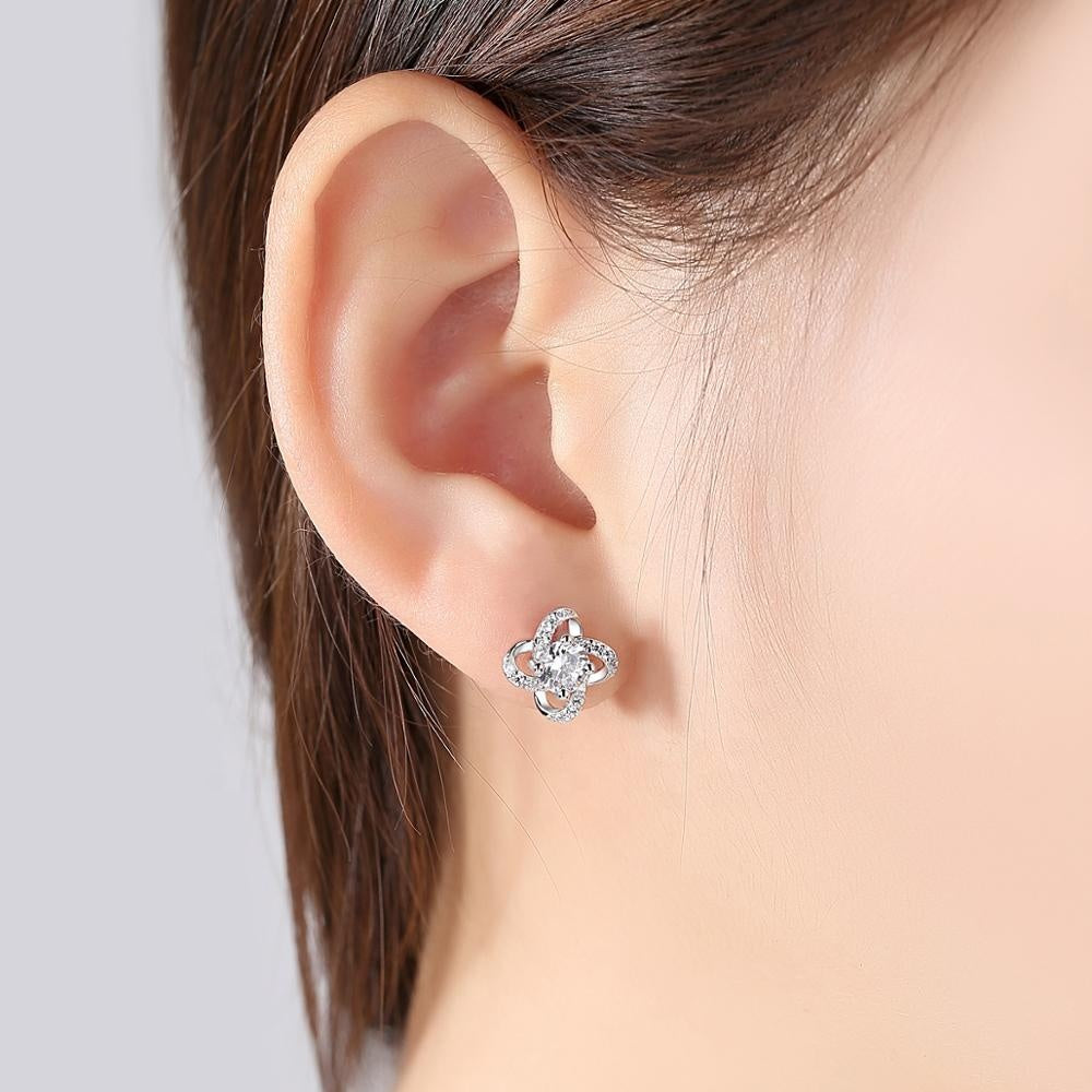 Elegant Flower Shaped 925 Sterling Silver Earrings Encrusted With White Zircon Stones For Women & Girls& Brides