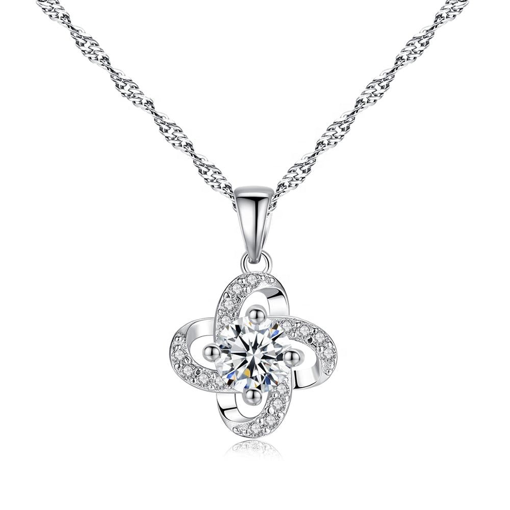 Elegant Flower Shaped 925 Sterling Silver Necklace Encrusted With Shiny Zircon Stones 