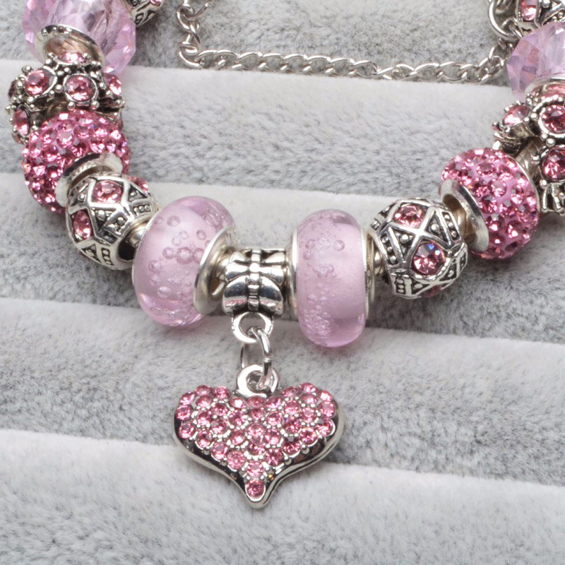 Fashion Pink Crystal Bead Heart Shaped Silver Plated Bracelet For Women