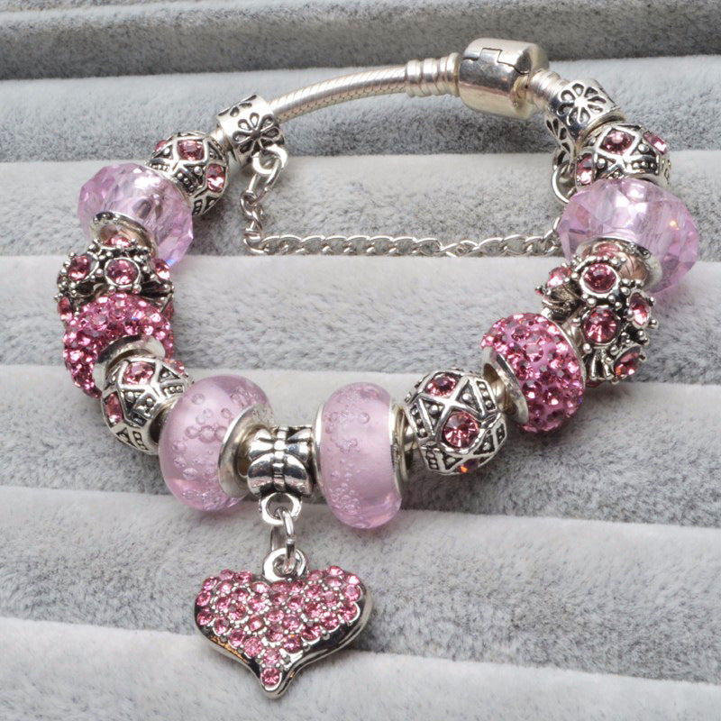 Fashion Pink Crystal Bead Heart Shaped Silver Plated Bracelet For Women