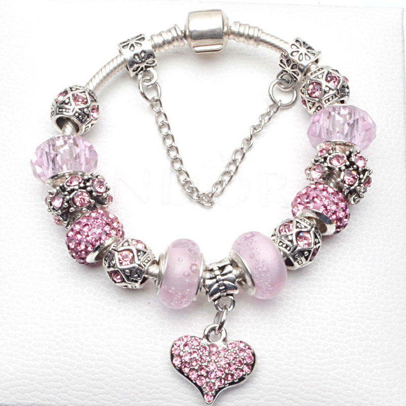 Fashion Pink Crystal Bead Heart Shaped Silver Plated Bracelet For Women