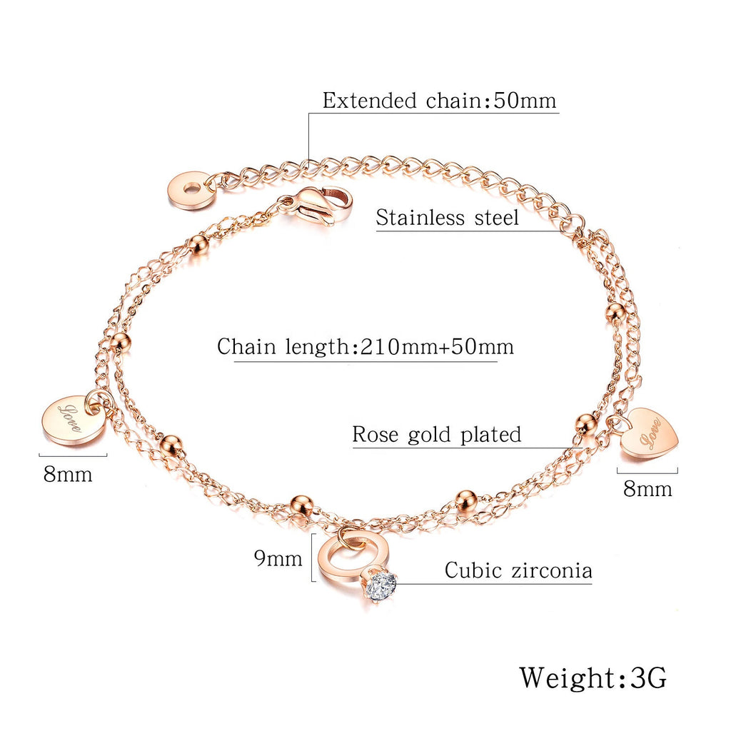 Korean Version Love Bead And Heart Shaped Stainless Steel Anklet