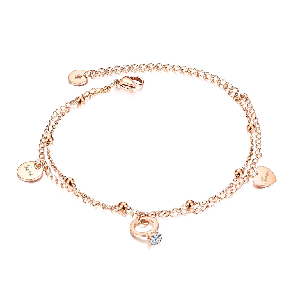 Korean Version Love Bead And Heart Shaped Stainless Steel Anklet