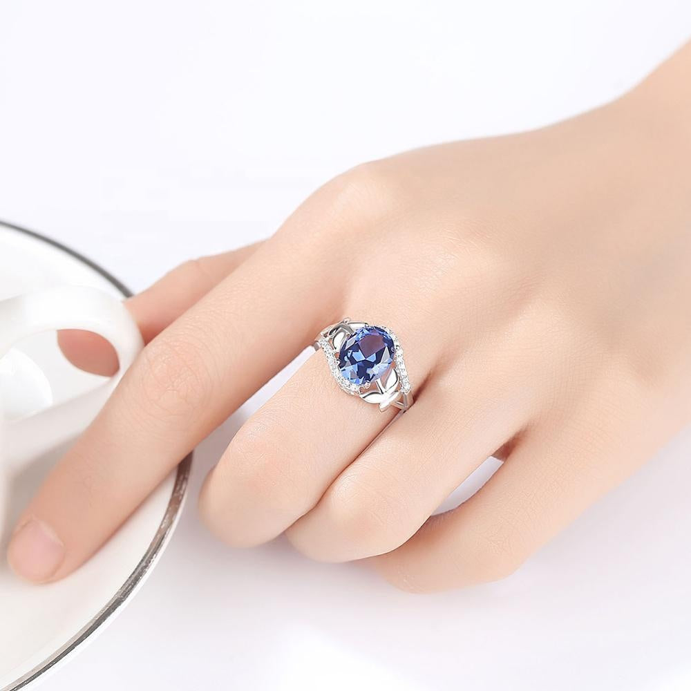 Luxury 925 Sterling Silver Ring Encrusted With Shiny Blue Zircon Stone For Beautiful Women And Brides