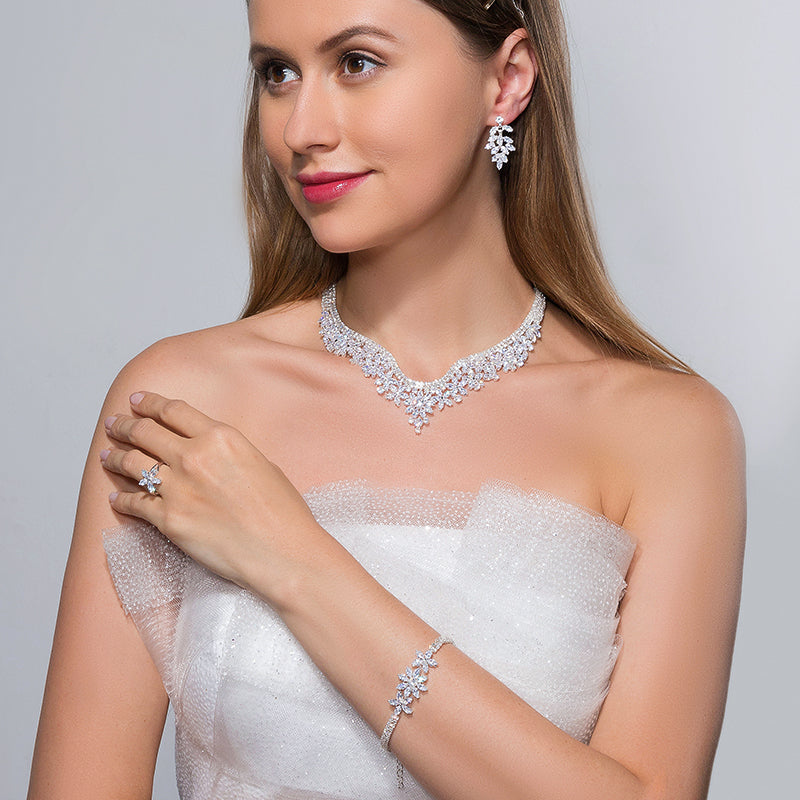 Luxury Silver Plated Jewelry Set Encrusted With Attractive Zircon Stones For Women, Brides, And Princesses