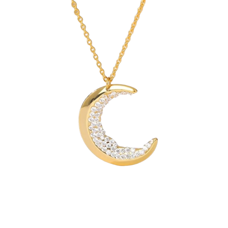 Cute Crescent Moon Shaped Necklace And Encrusted With Shiny Zircon Stones For Lovely Women And Girls