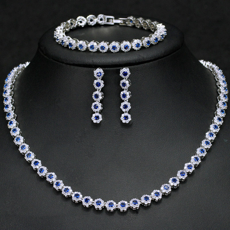 Royal Silver Plated Jewelry Set Encrusted With Attractive Blue Zircon Stones For Women, Brides, And Princesses