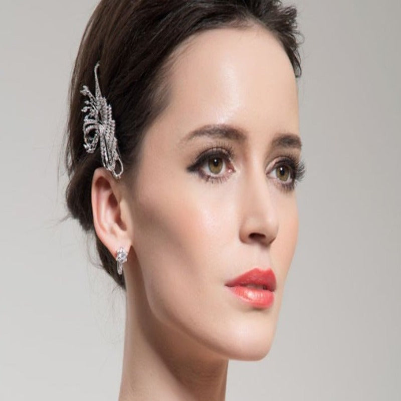 Royal & Luxury Rhodium Plated White Zircon Hairclip For Brides & Women & Girls