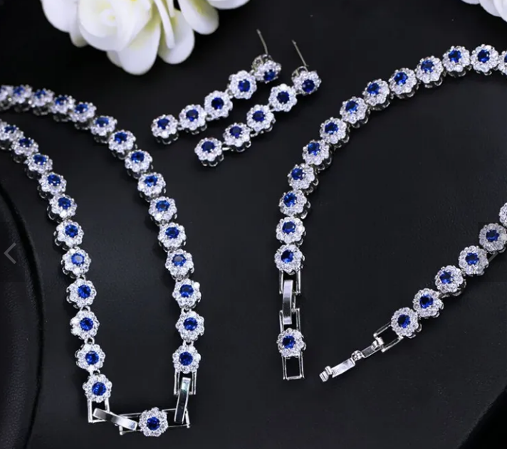 Royal Silver Plated Jewelry Set Encrusted With Attractive Blue Zircon Stones For Women, Brides, And Princesses