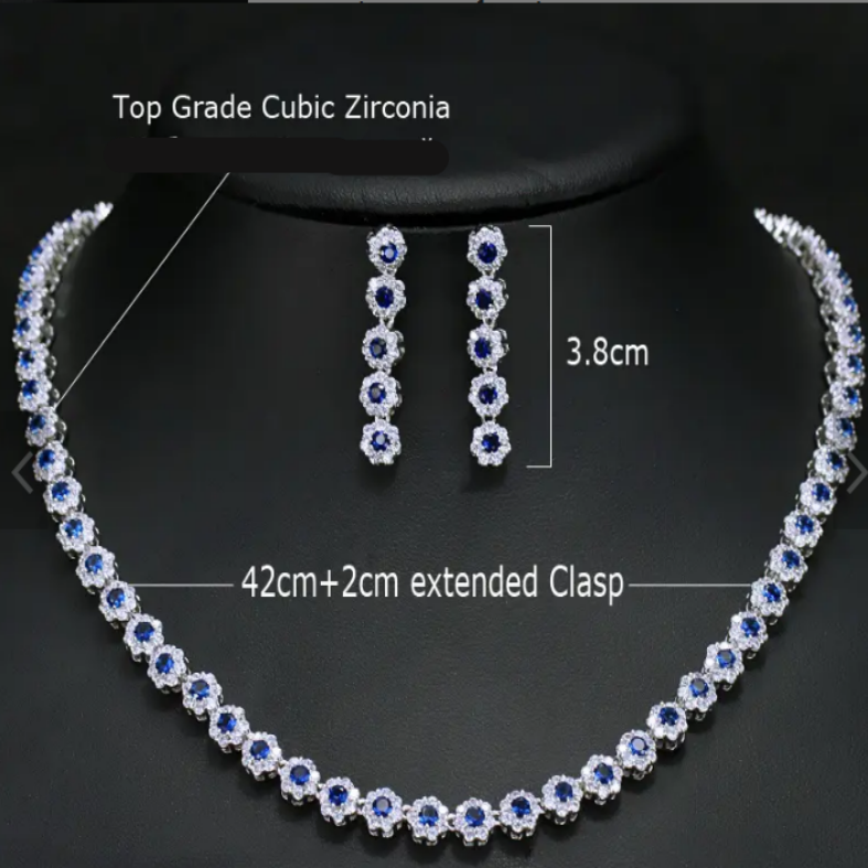 Royal Silver Plated Jewelry Set Encrusted With Attractive Blue Zircon Stones For Women, Brides, And Princesses