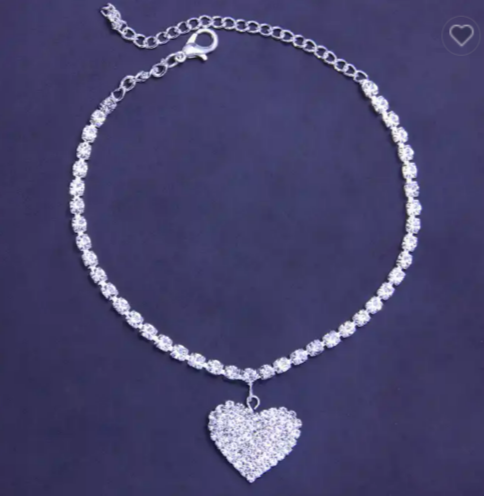 Shiny Silver Plated Heart Shaped Anklet Encrusted With White Rhinestone For Women, Girls, And Brides