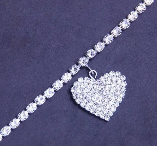 Shiny Silver Plated Heart Shaped Anklet Encrusted With White Rhinestone For Women, Girls, And Brides