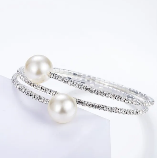 Trendy Elastic Multilayer White Pearl and Rhinestone Bracelet For Lovely Women And Girls