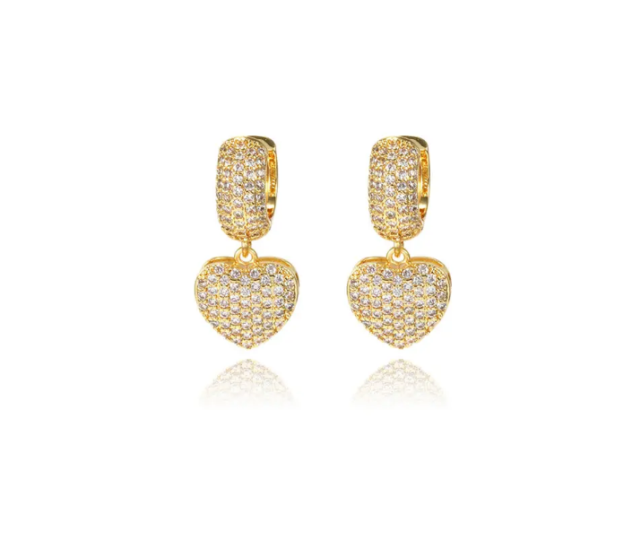 Fashion Gold Plated Heart Shaped Earrings Encrusted With Shiny Zircon Stones For Women, Girls, And Brides