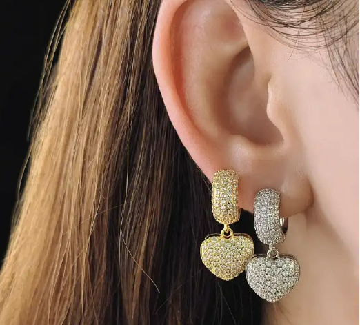 Fashion Gold Plated Heart Shaped Earrings Encrusted With Shiny Zircon Stones For Women, Girls, And Brides