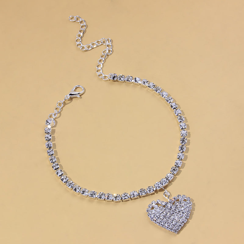 Shiny Silver Plated Heart Shaped Anklet Encrusted With White Rhinestone For Women, Girls, And Brides