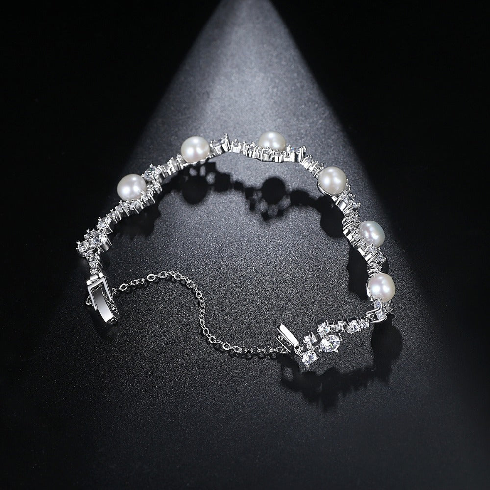 Shiny White Pearl With Zircon Stones Bracelet For Women& Girls& Brides