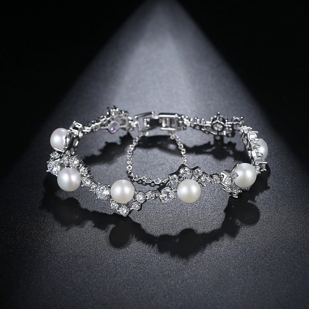 Shiny White Pearl With Zircon Stones Bracelet For Women& Girls& Brides