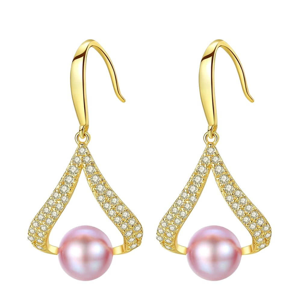 Trendy 925 Sterling Silver Earrings Encrusted With Pearl And Shiny Zircon Stones 