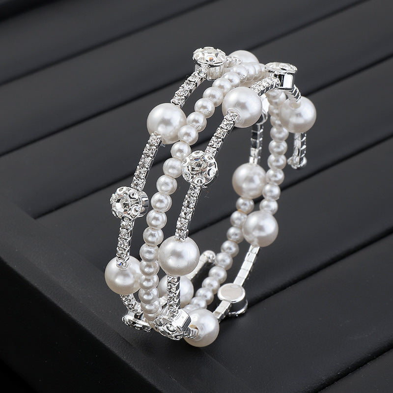 Trendy Elastic Multilayer Pearl and Rhinestone Bracelet