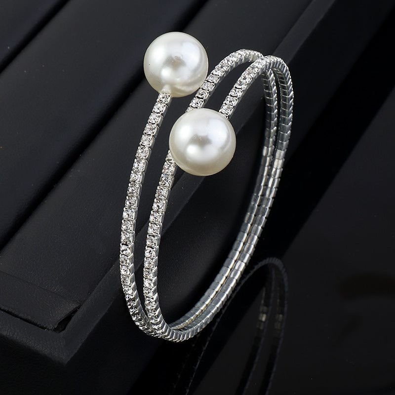 Trendy Elastic Multilayer White Pearl and Rhinestone Bracelet For Lovely Women And Girls