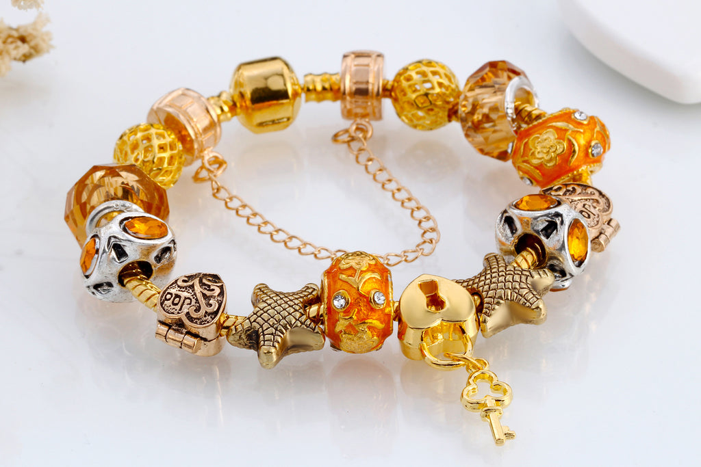 Trendy European Crystal & Beads Heart & Star & Lock Key Shaped Bracelet 