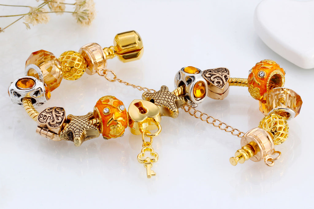 Trendy European Crystal & Beads Heart & Star & Lock Key Shaped Bracelet 