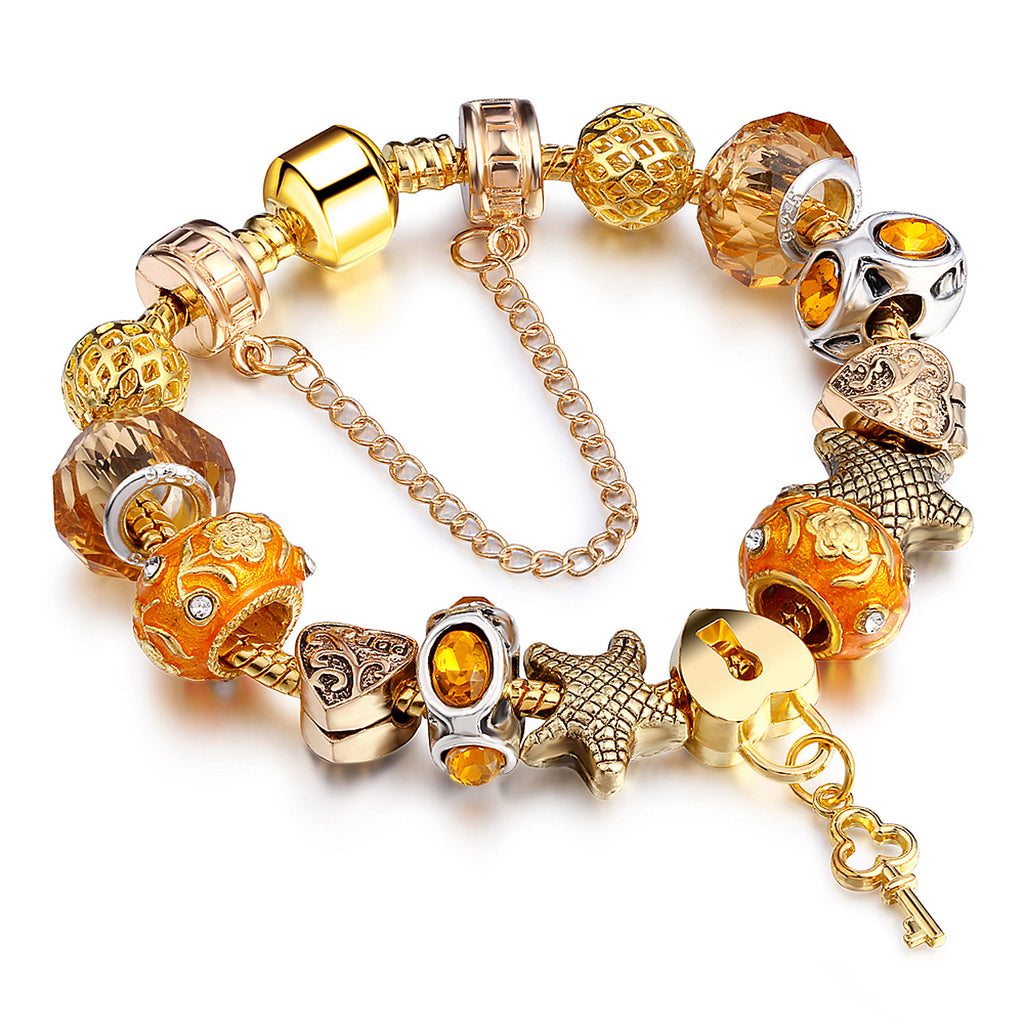 Trendy European Crystal & Beads Heart & Star & Lock Key Shaped Bracelet 