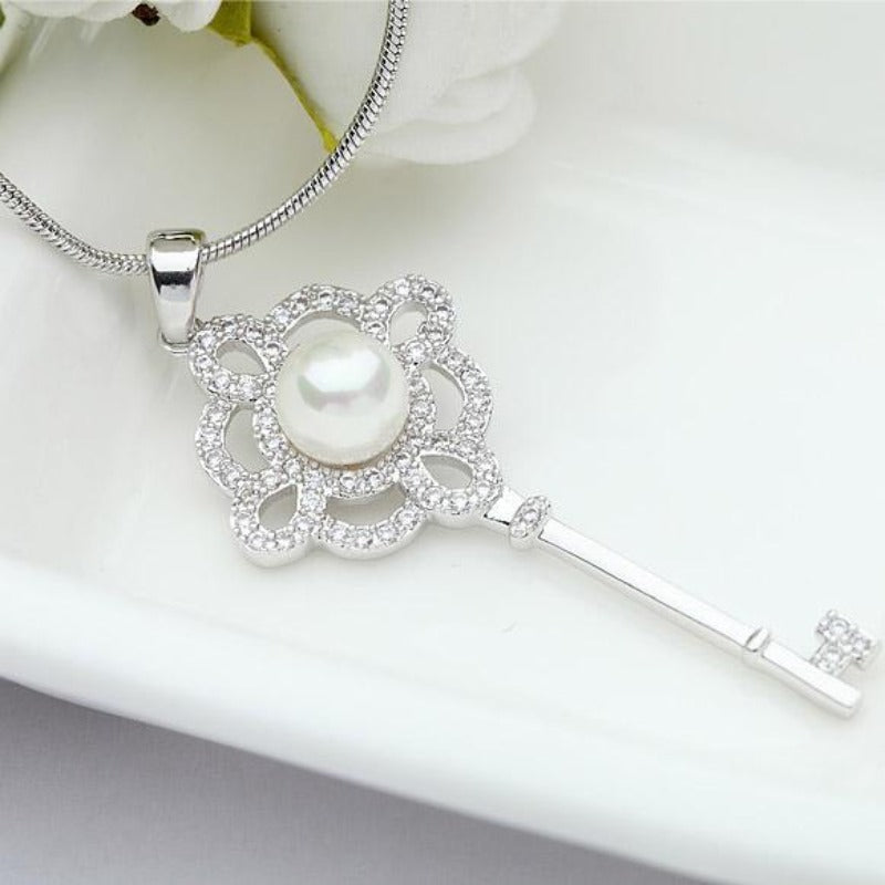 Trendy Rhodium Plated Key Shaped Necklace For Women And Girls