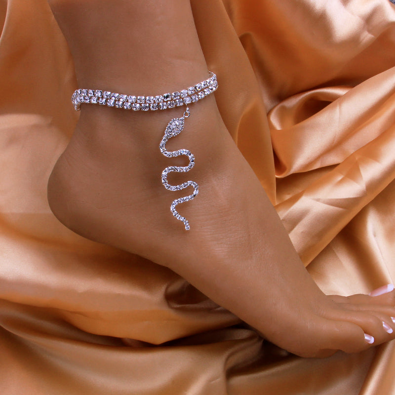 Trendy Snake Shaped Anklet Encrusted With Shiny Rhinestones For Women, Girls And Brides