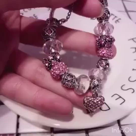 Fashion Pink Crystal Bead Heart Shaped Silver Plated Bracelet For Women